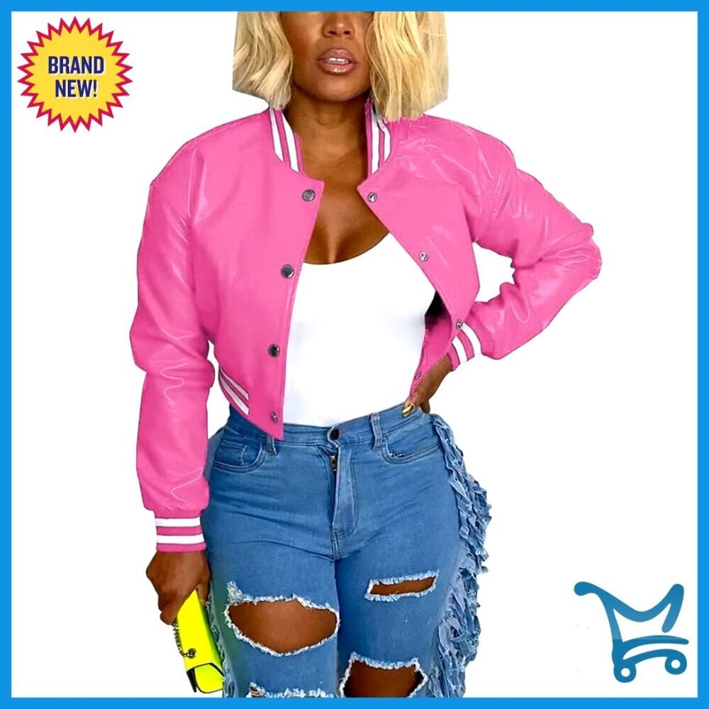 Faux Leather Bomber Jacket Snap Closure Long Sleeve Varsity Style